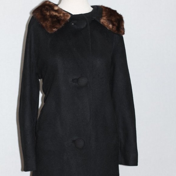 Fur Collar Black Wool Trench Coat - Picture 6 of 15